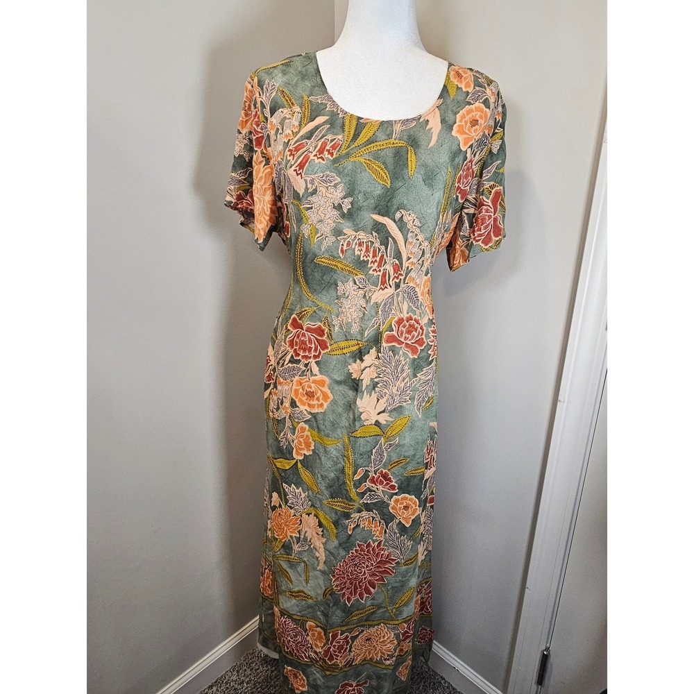 Connie Choi Vintage Floral Maxi Dress Sage Green Short Sleeve Back Tie USA Large